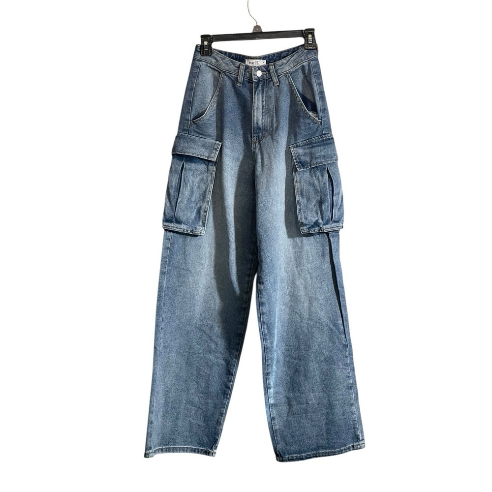 Y2K Rue 21 Sz 4 Wide Leg Cargo Jean High Rise Baggy Big Flap Pocket Grunge Skate